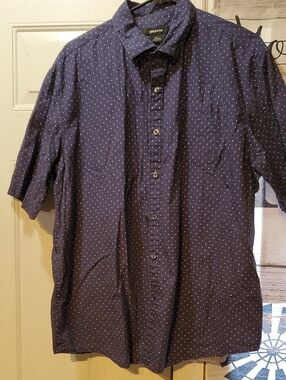 Claiborne Navy Short-Sleeve Button-Up Shirt with White Dot Print